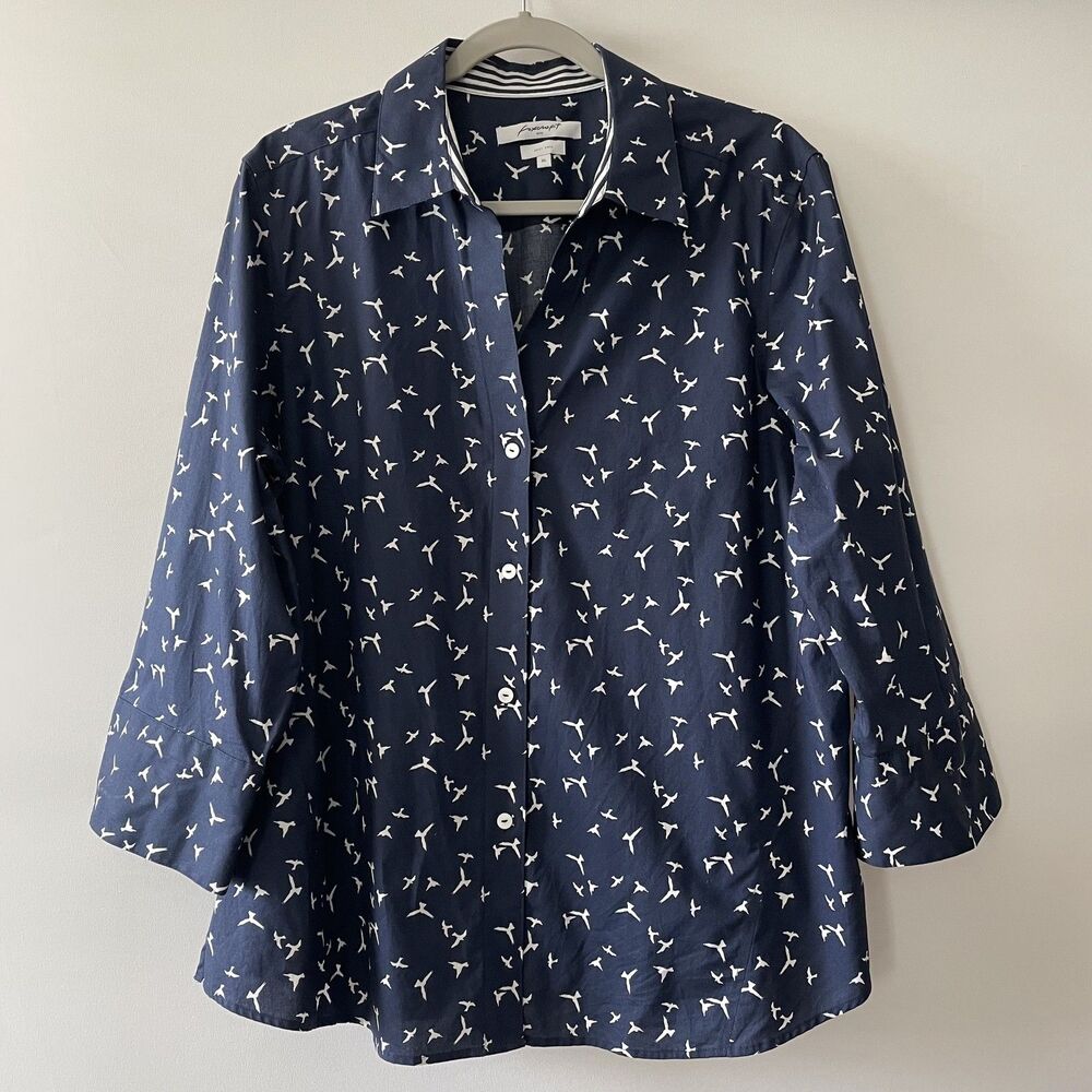 Foxcroft NYC Button Front Bird Print Collared Shirt Blue White Size XL-dmpv